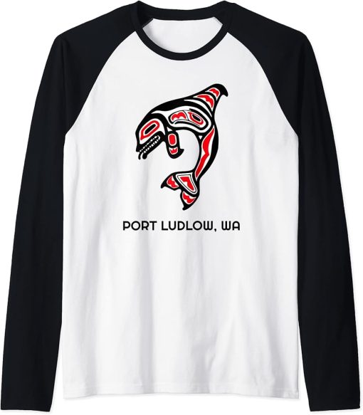 Port Ludlow, Washington Native American Orca Killer Whales Raglan Baseball Tee