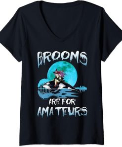 Womens Funny Brooms Are for Amateurs Witch Riding Orca Whale V-Neck T-Shirt