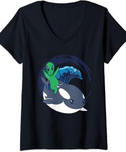 Womens Alien Orca Whale Extraterrestrials - Funny Alien Orca V-Neck T-Shirt