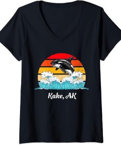 Womens Vintage Kake AK Distressed Orca Killer Whale Art V-Neck T-Shirt