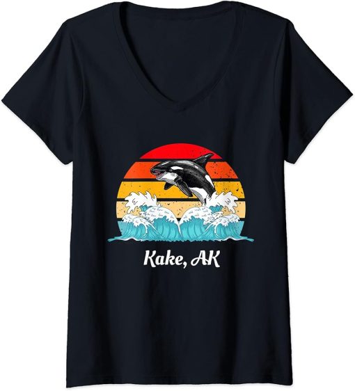 Womens Vintage Kake AK Distressed Orca Killer Whale Art V-Neck T-Shirt